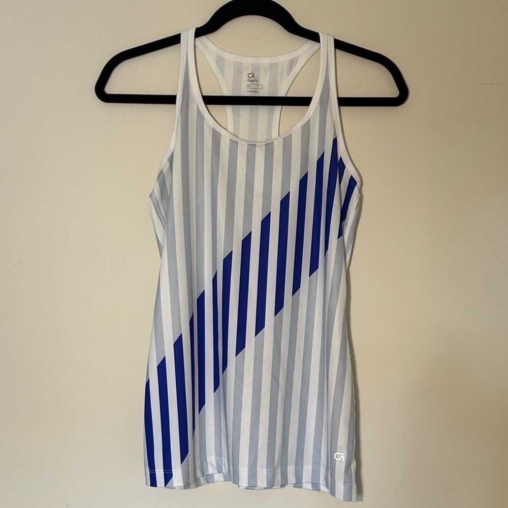 GAP White Gray Blue Graphic Tank Top Womens SZ S Athletic Casual Workout Sporty
